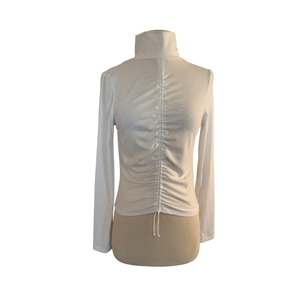 AFRM Women White Ribbed Mock Neck Long Sleeve Ruched Front Drawstring Top SZ M